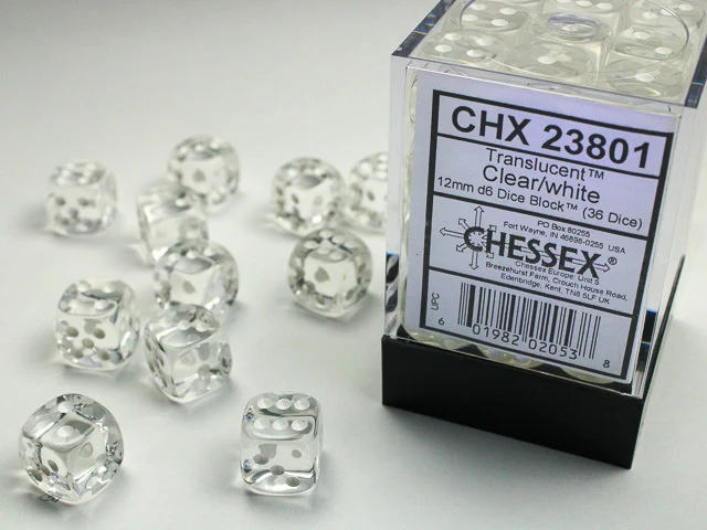 Chessex Translucent: 12MM D6 Clear/White (36)